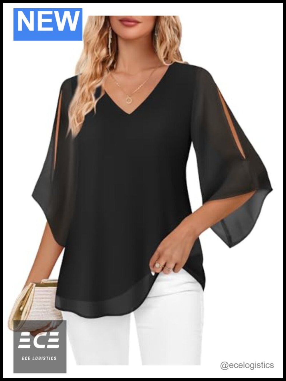 Womens Ruffle 3/4 Sleeve V Neck Double Layers Chiffon Blouse Dressy Tunic Top